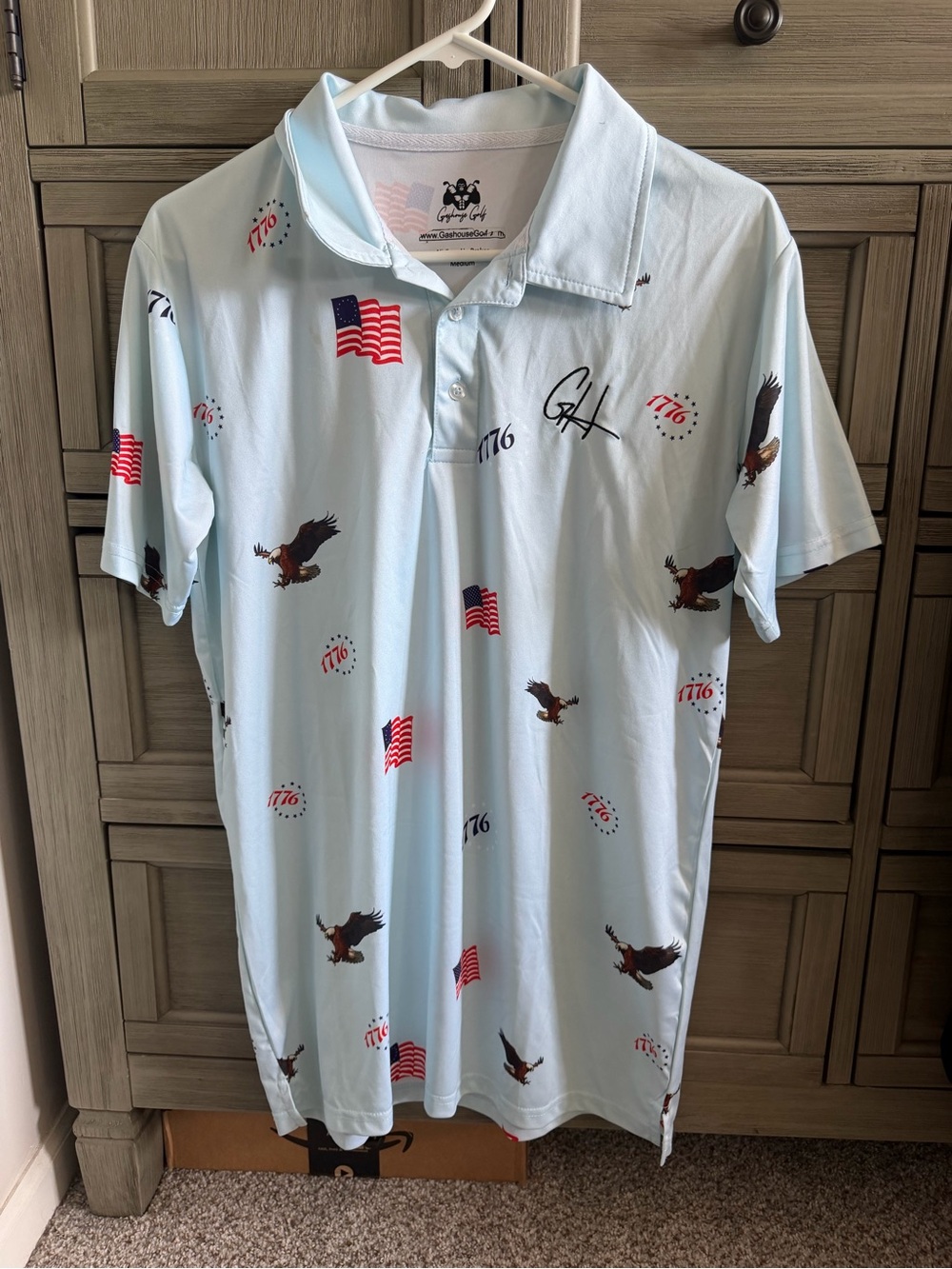 Light Blue Patriotic Polo Shirt with Eagle & Flag Print